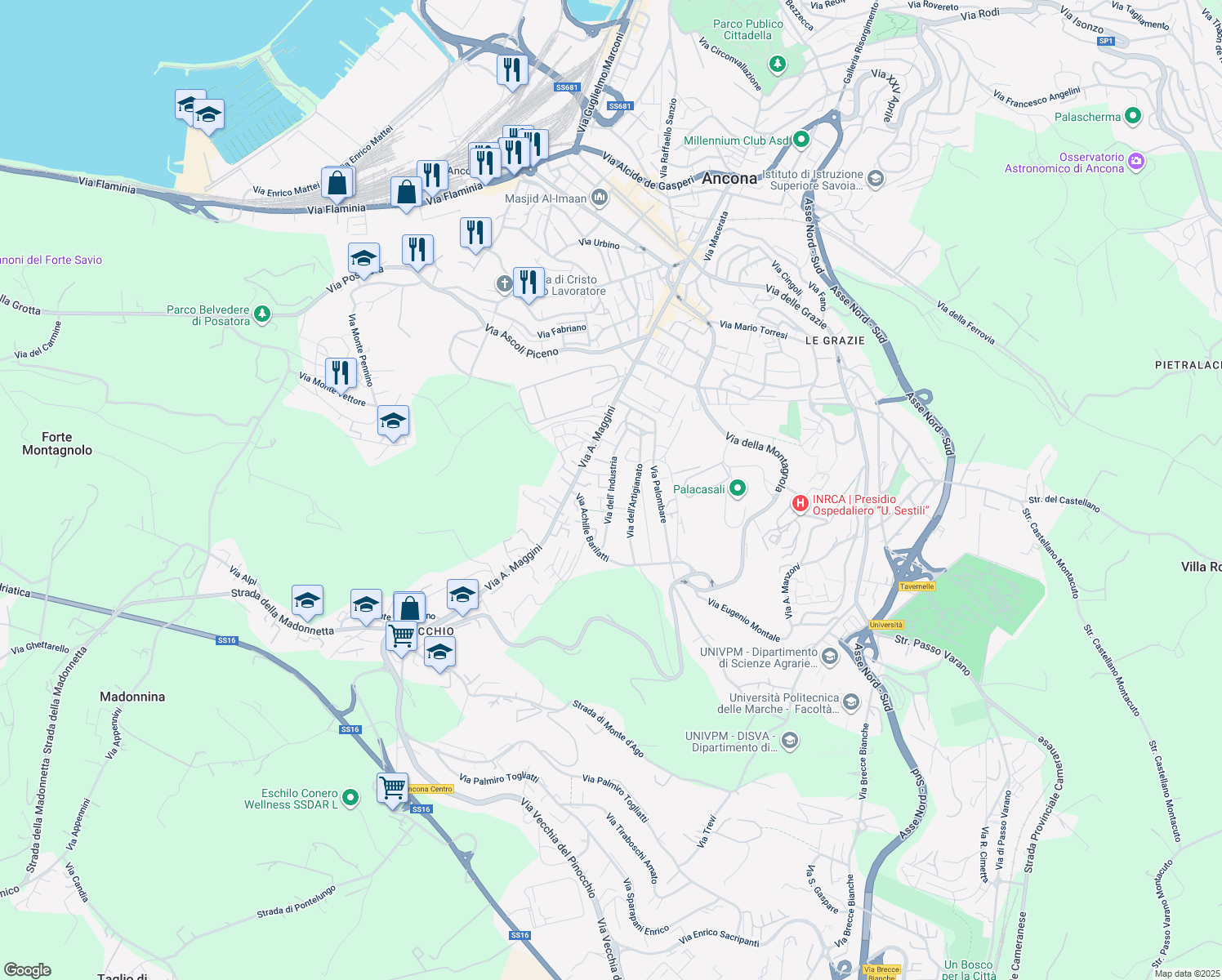 map of restaurants, bars, coffee shops, grocery stores, and more near 8 Via dell' Industria in Ancona