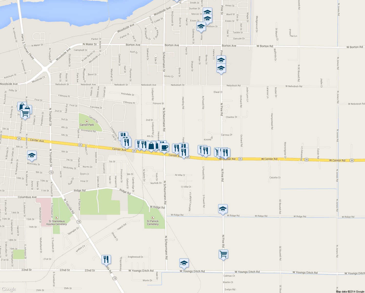 map of restaurants, bars, coffee shops, grocery stores, and more near 817 Harding Rd in Essexville