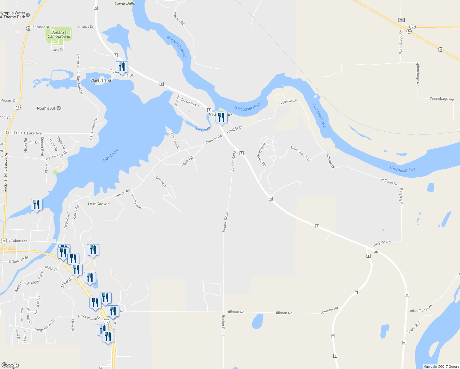 map of restaurants, bars, coffee shops, grocery stores, and more near 179 Bunker Road in Baraboo