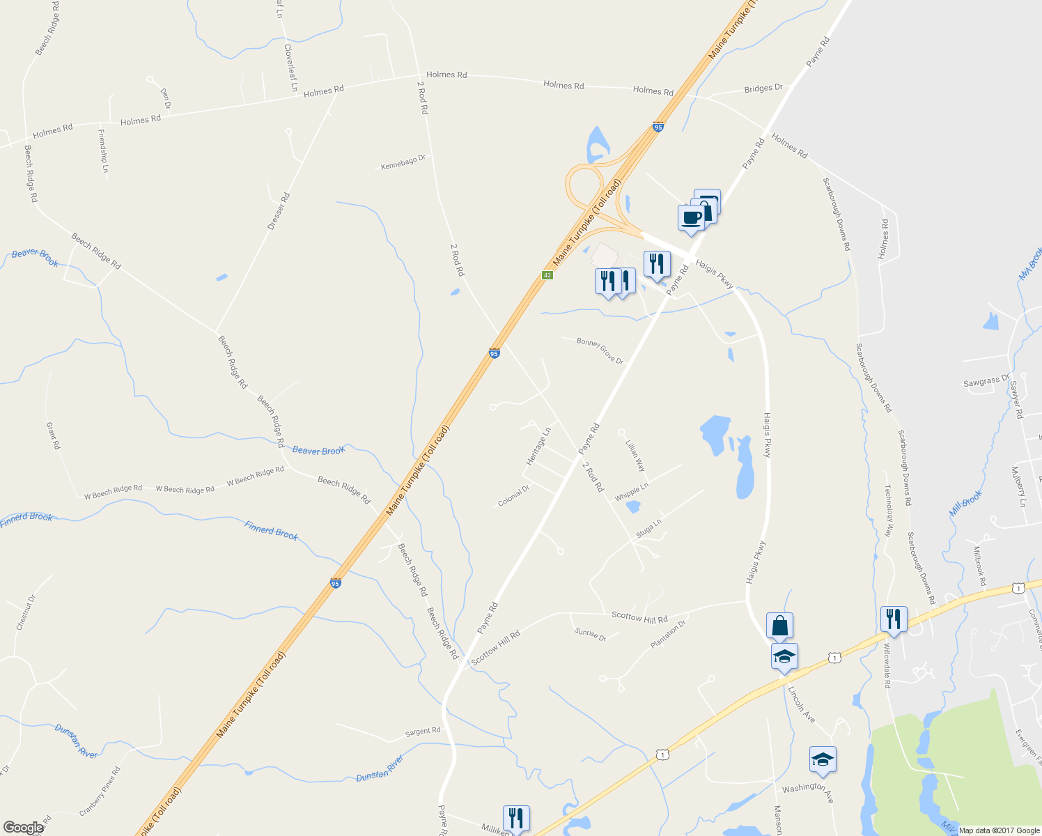 map of restaurants, bars, coffee shops, grocery stores, and more near 5 Lamplighter Lane in Scarborough