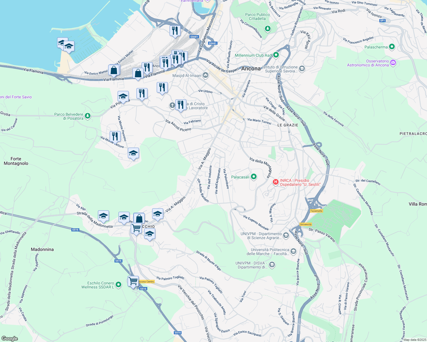 map of restaurants, bars, coffee shops, grocery stores, and more near 8 Via dell' Industria in Ancona