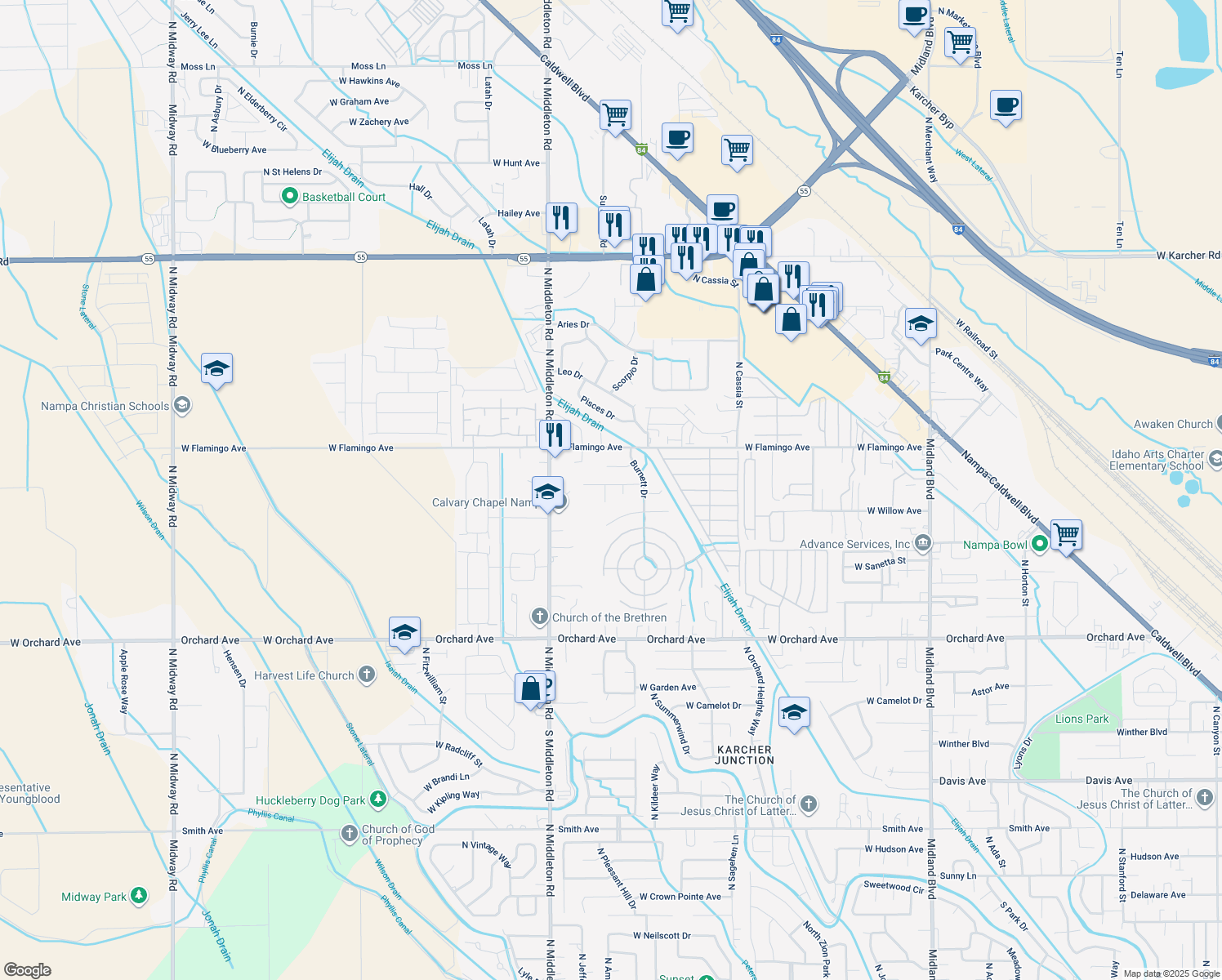 map of restaurants, bars, coffee shops, grocery stores, and more near 1304 Josh Place in Nampa