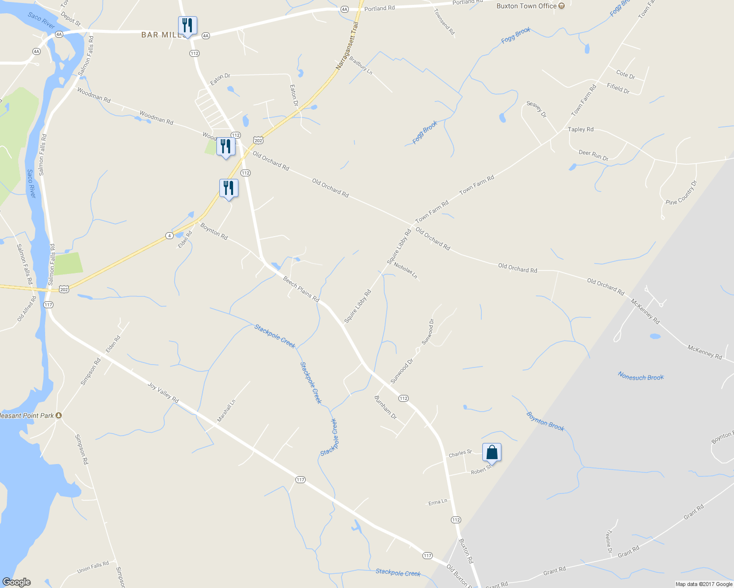 map of restaurants, bars, coffee shops, grocery stores, and more near 32 Squire Libby Road in Buxton