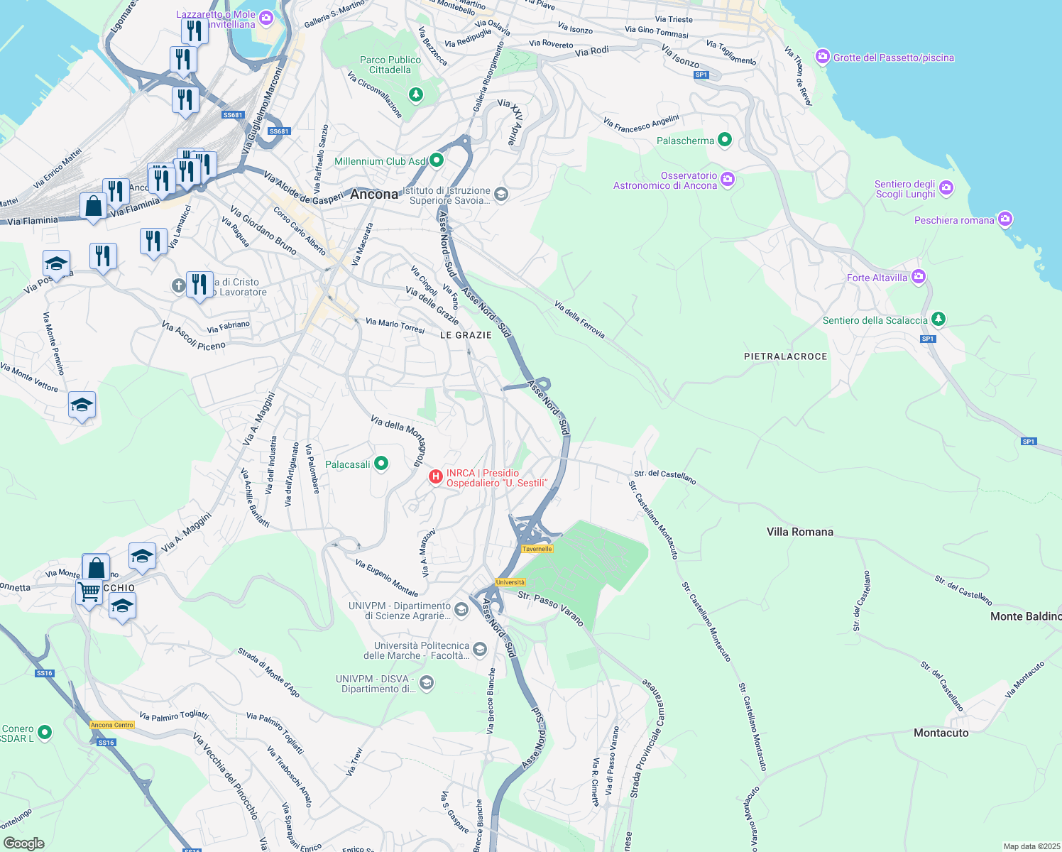 map of restaurants, bars, coffee shops, grocery stores, and more near 33 Via Colle Verde in Ancona