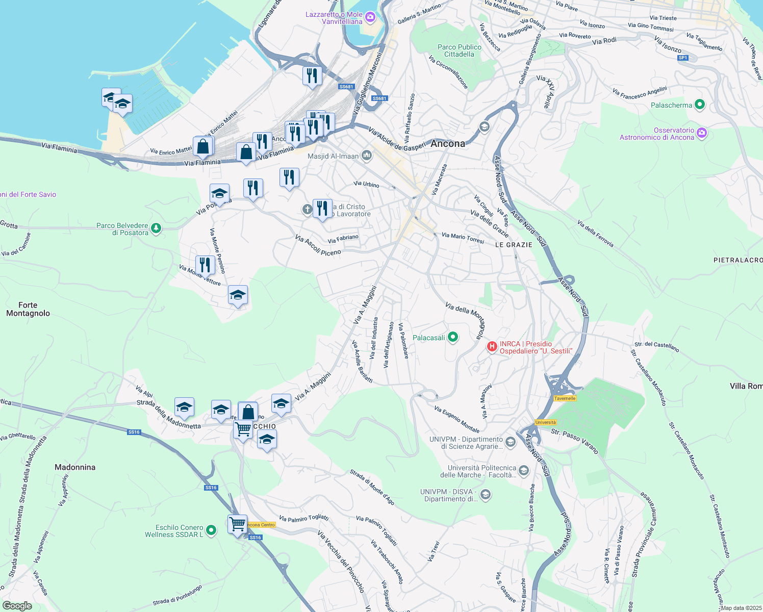 map of restaurants, bars, coffee shops, grocery stores, and more near 16 Via dell' Industria in Ancona