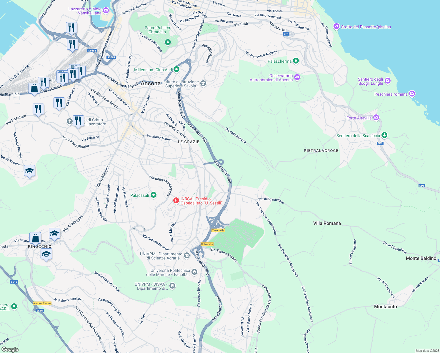 map of restaurants, bars, coffee shops, grocery stores, and more near 33 Via Colle Verde in Ancona