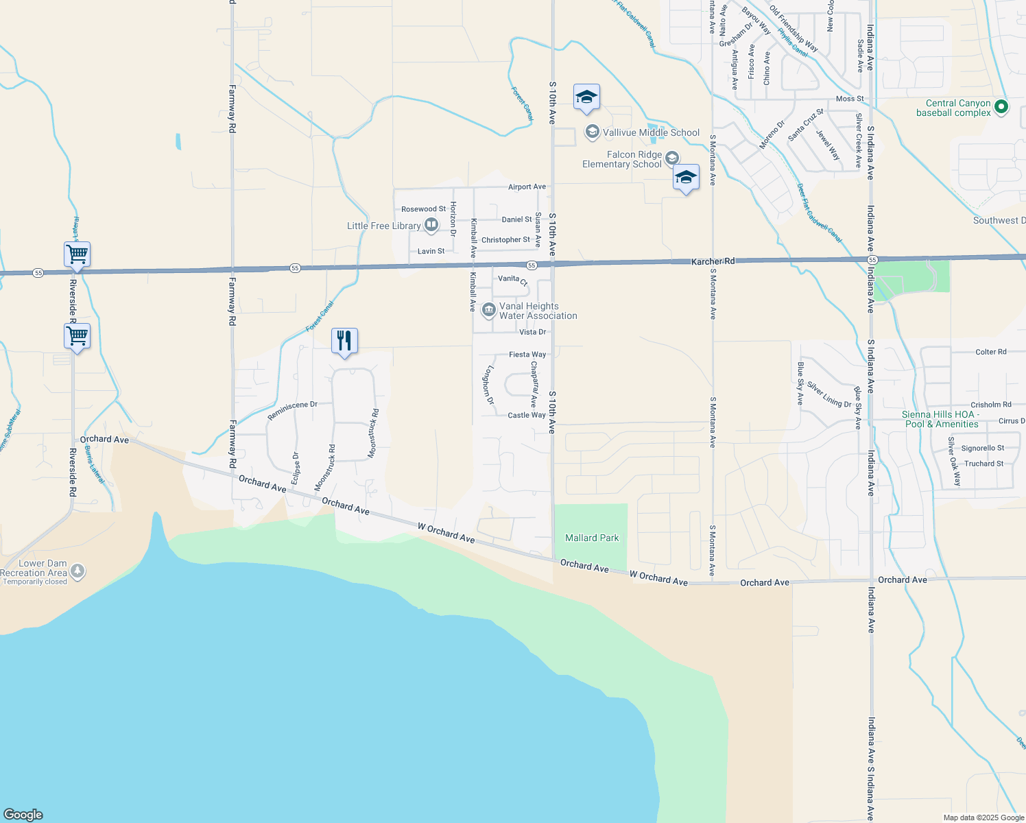 map of restaurants, bars, coffee shops, grocery stores, and more near 15132 Castle Way in Caldwell