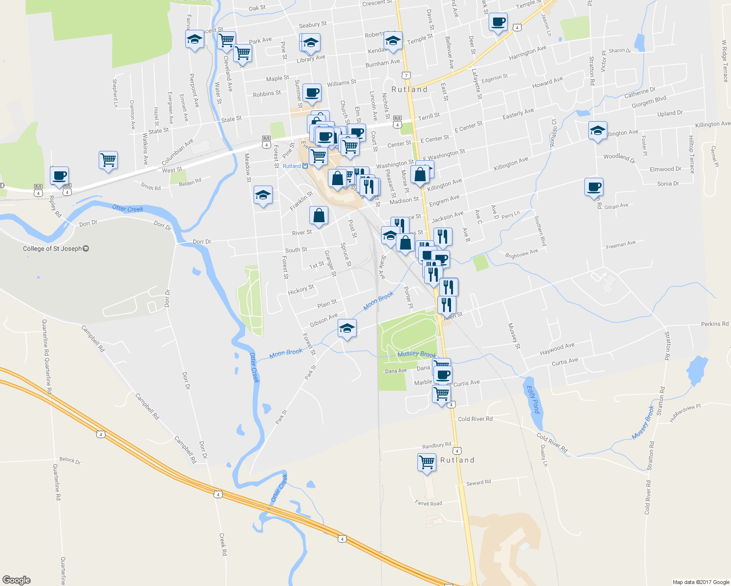 map of restaurants, bars, coffee shops, grocery stores, and more near 66 Plain Street in Rutland
