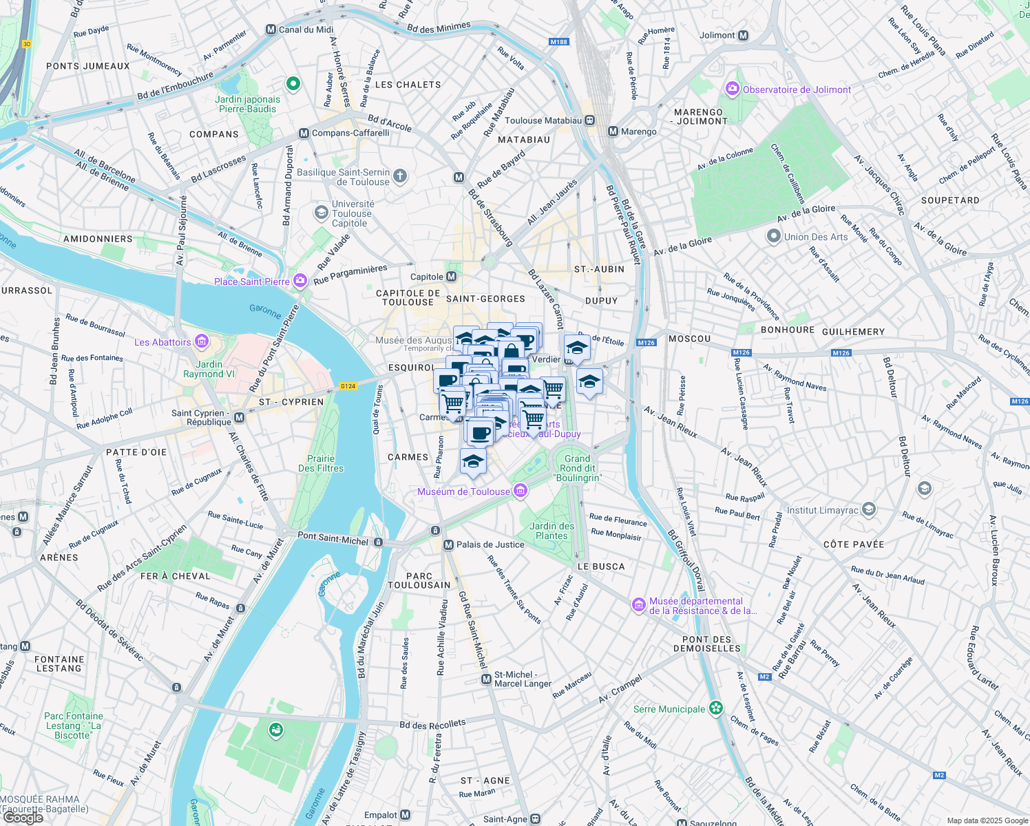 map of restaurants, bars, coffee shops, grocery stores, and more near 0 Rue Ninau in Toulouse