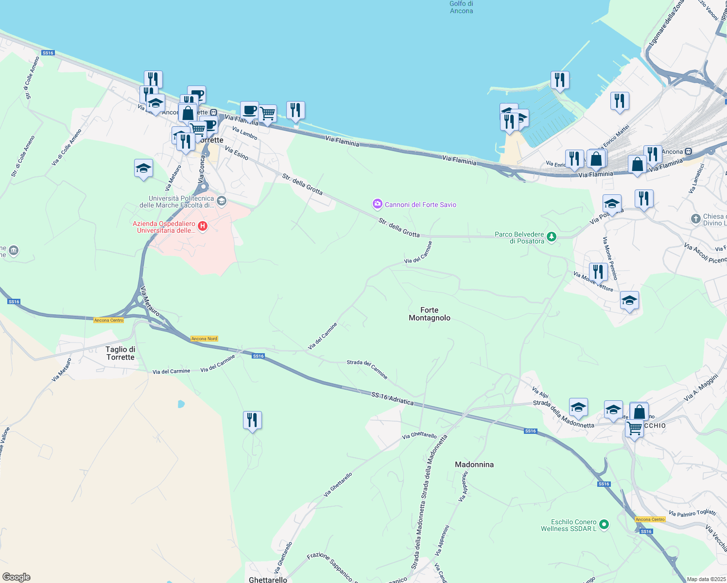 map of restaurants, bars, coffee shops, grocery stores, and more near 11 Via Carmine Del in Ancona