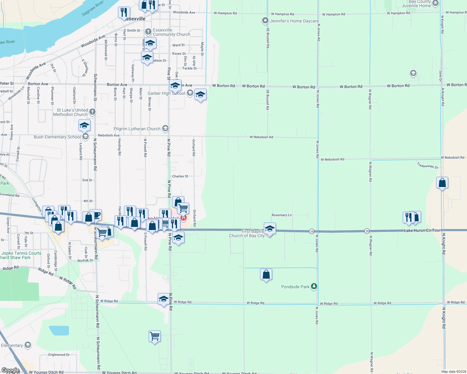 map of restaurants, bars, coffee shops, grocery stores, and more near 1149 Hampstead Road in Essexville