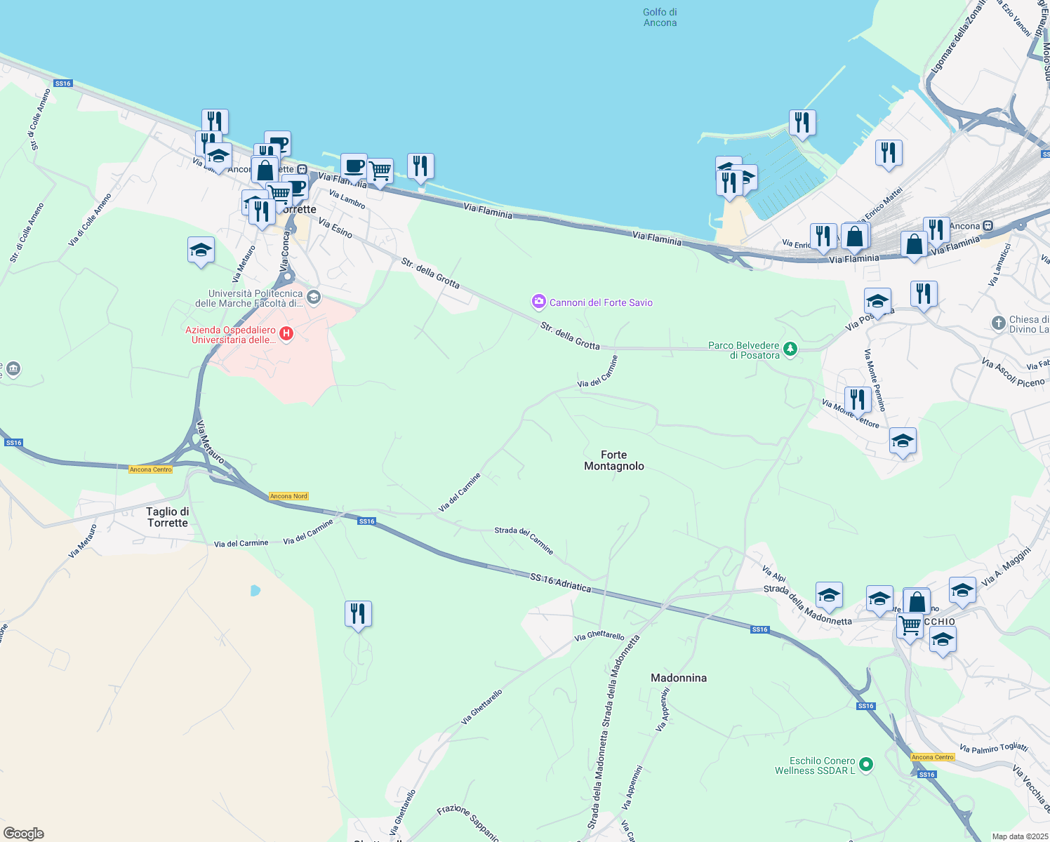 map of restaurants, bars, coffee shops, grocery stores, and more near 11 Via del Carmine in Ancona