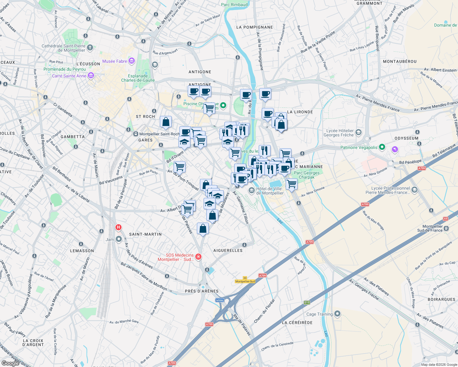 map of restaurants, bars, coffee shops, grocery stores, and more near Allée des Frères Grimm in Montpellier