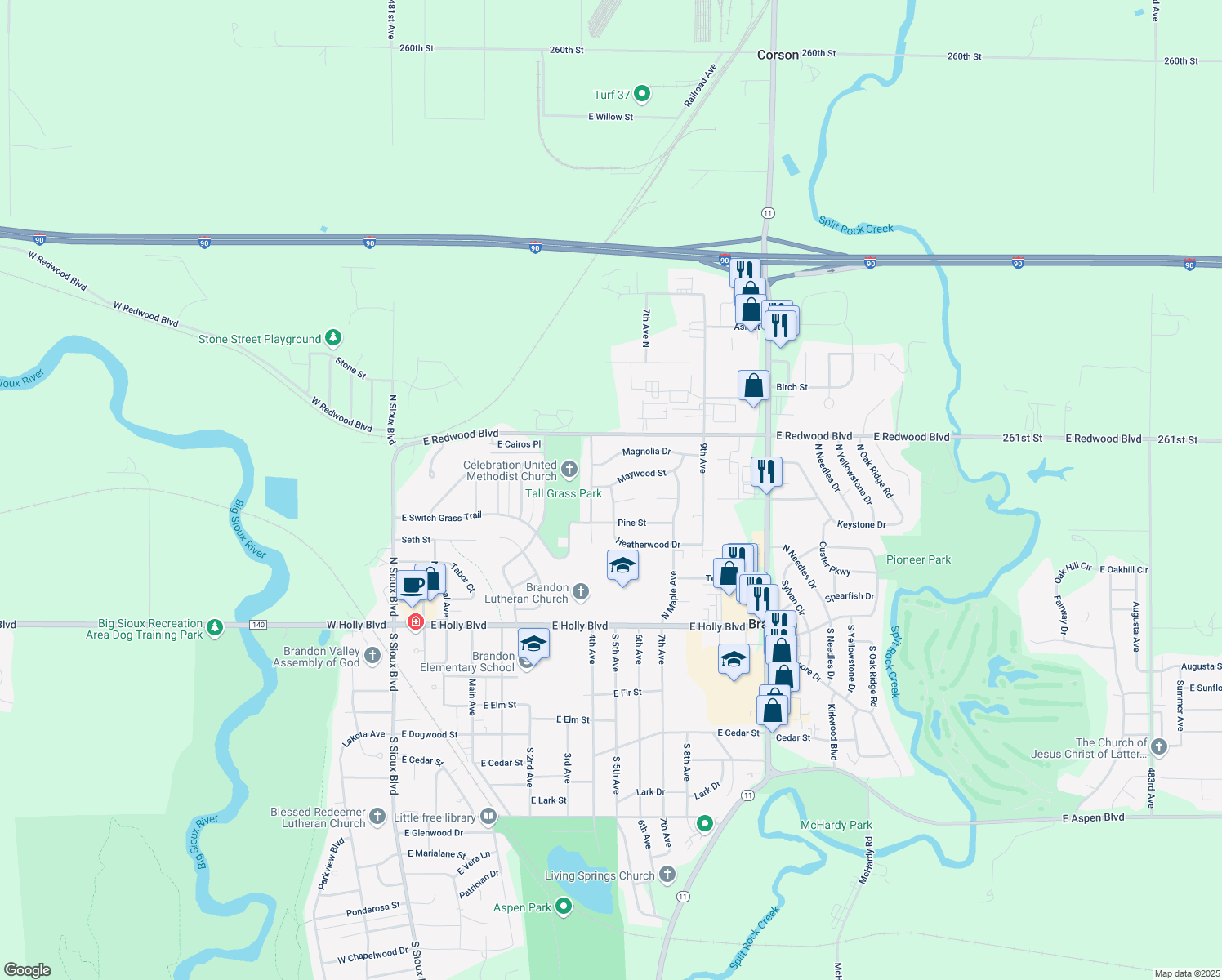 map of restaurants, bars, coffee shops, grocery stores, and more near 817 Heatherwood Dr in Brandon