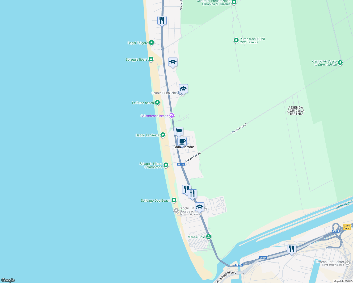 map of restaurants, bars, coffee shops, grocery stores, and more near 355 Viale del Tirreno in Marina di Pisa-tirrenia-calambr