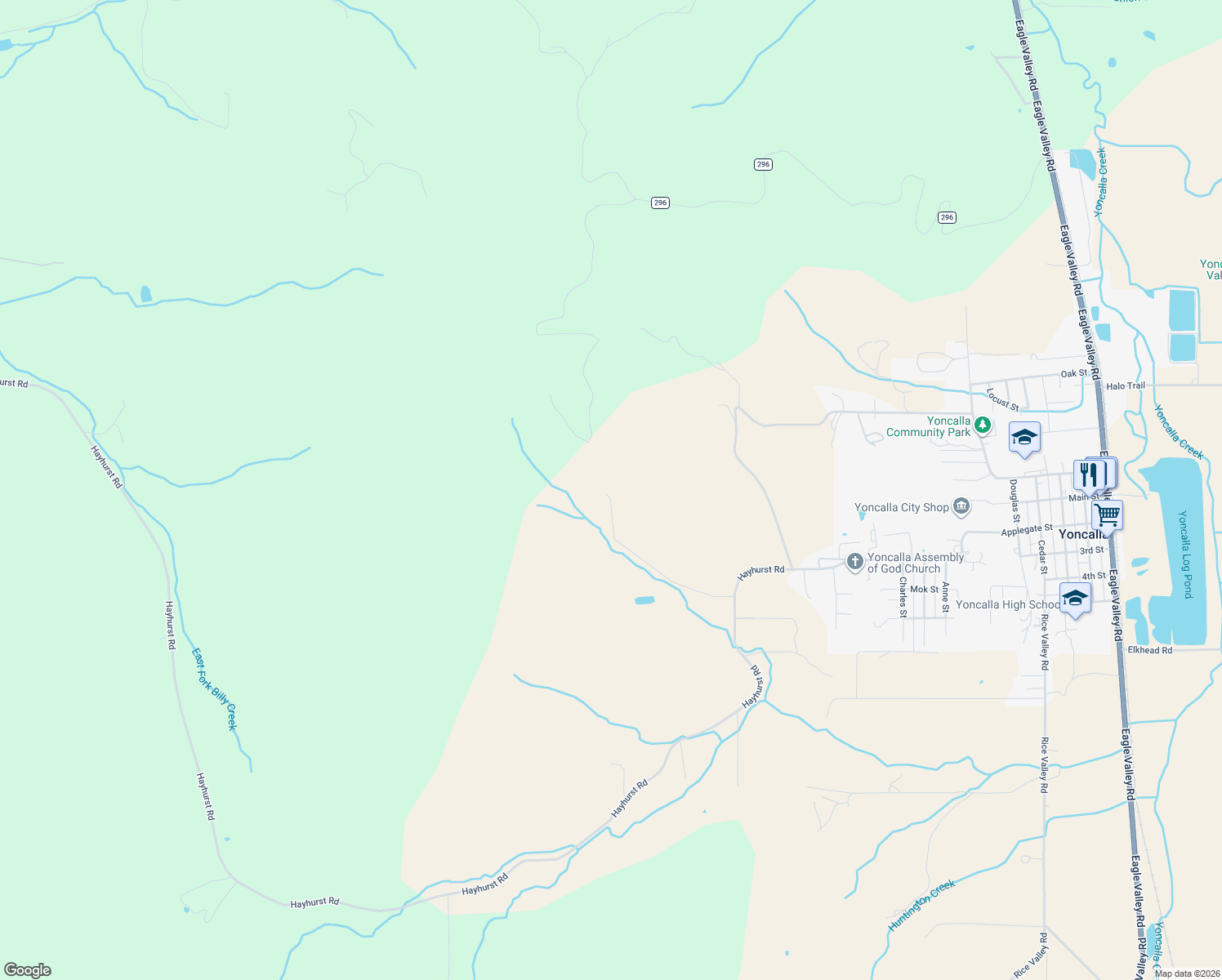 map of restaurants, bars, coffee shops, grocery stores, and more near 485 Andrews Road in Yoncalla