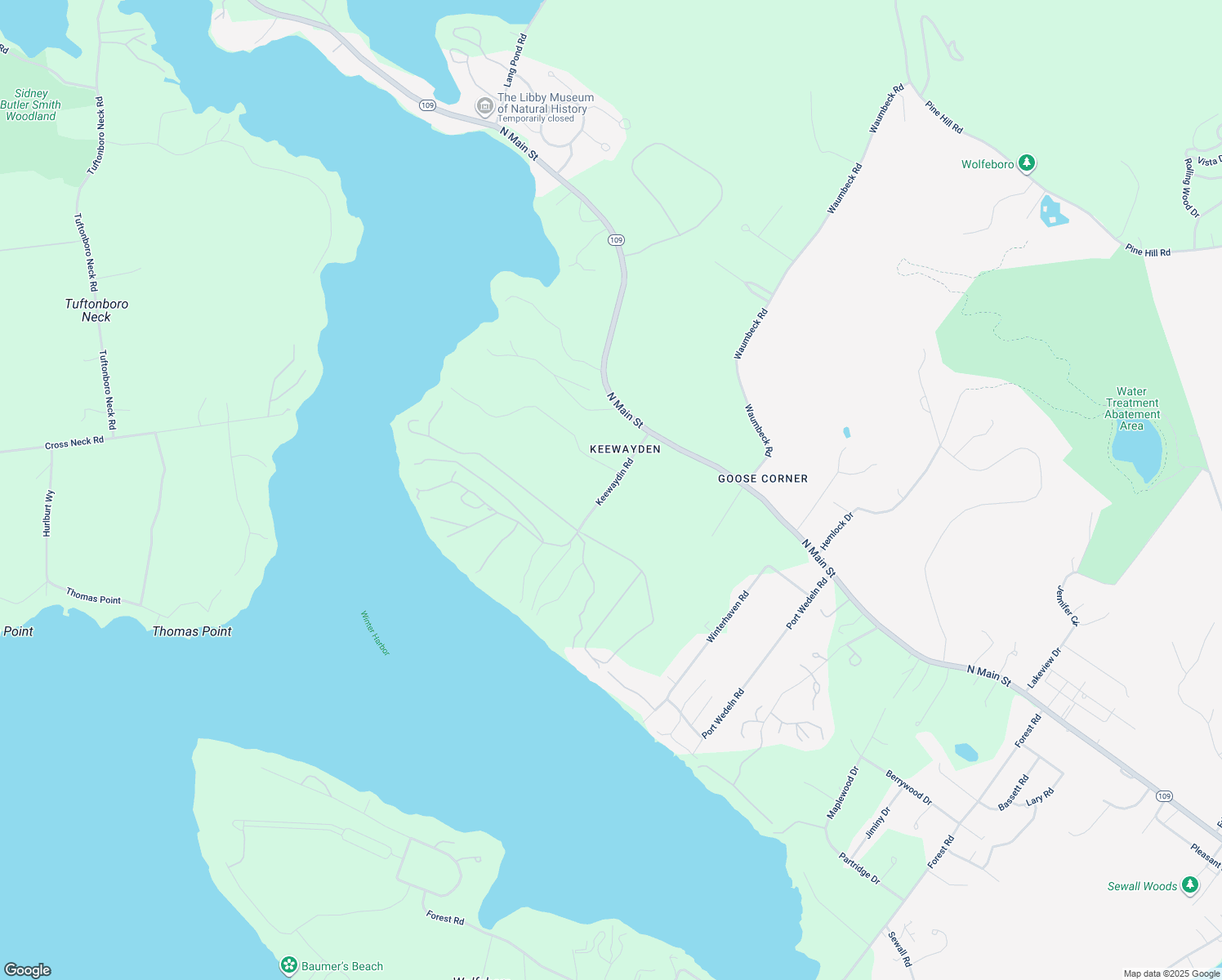map of restaurants, bars, coffee shops, grocery stores, and more near 38 Keewaydin Road in Wolfeboro