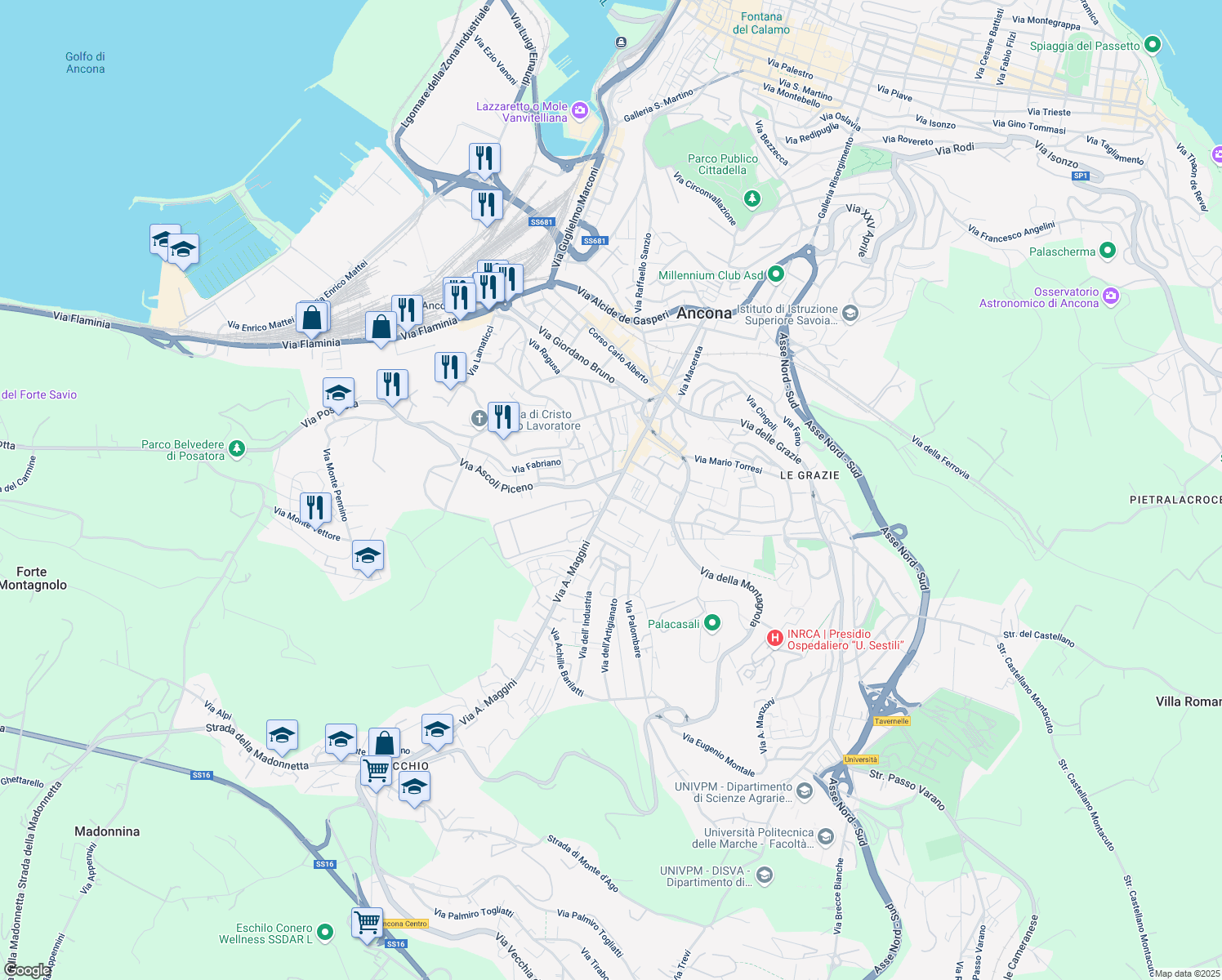 map of restaurants, bars, coffee shops, grocery stores, and more near 21 Viale Cristoforo Colombo in Ancona