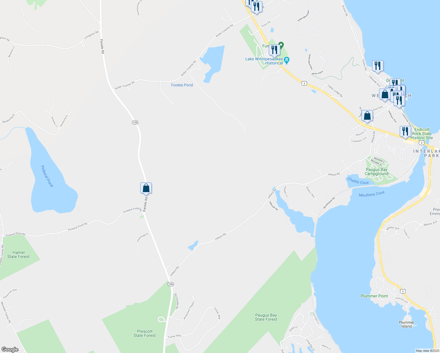 map of restaurants, bars, coffee shops, grocery stores, and more near 255 Hilliard Road in Laconia