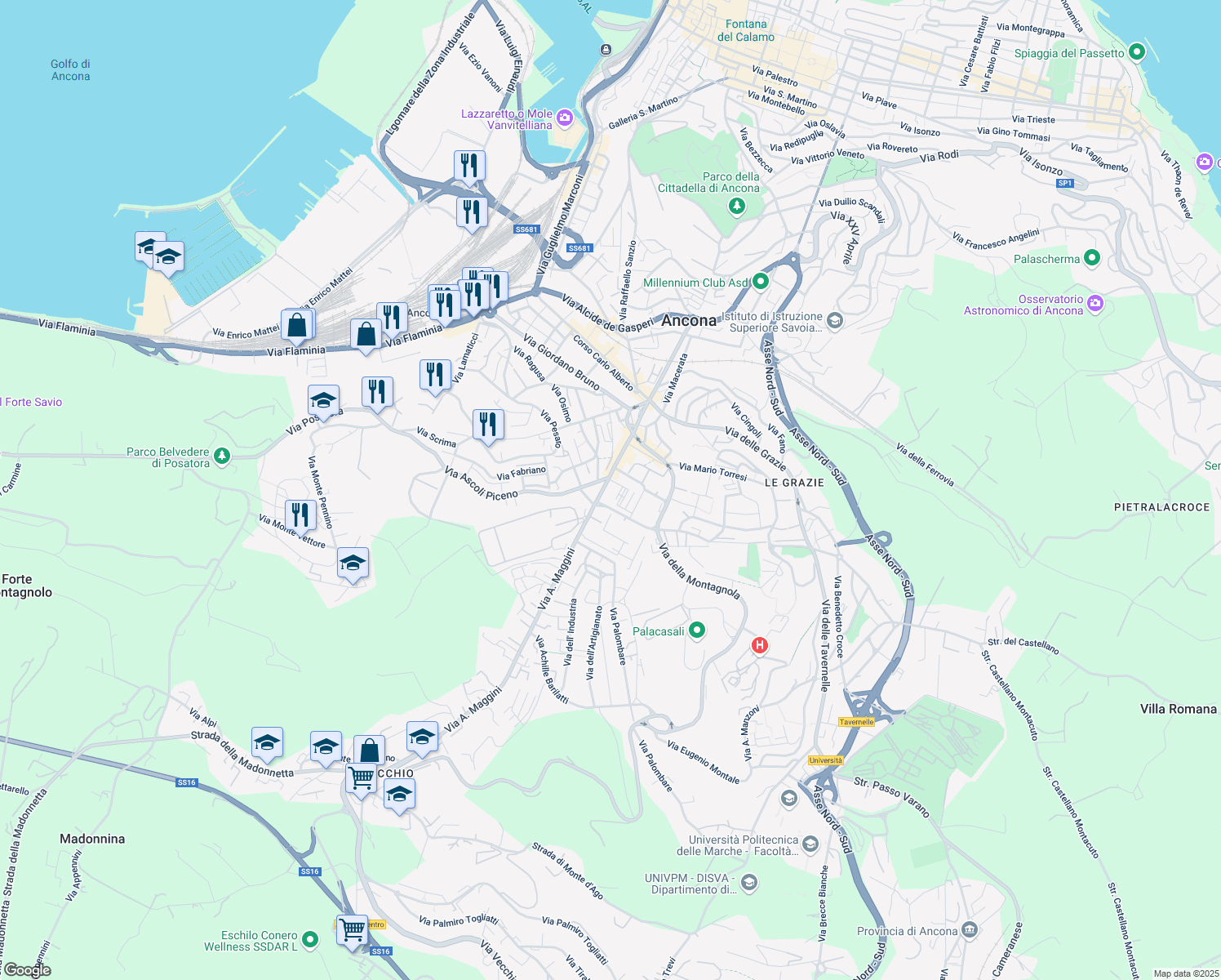 map of restaurants, bars, coffee shops, grocery stores, and more near 21 Viale Cristoforo Colombo in Ancona