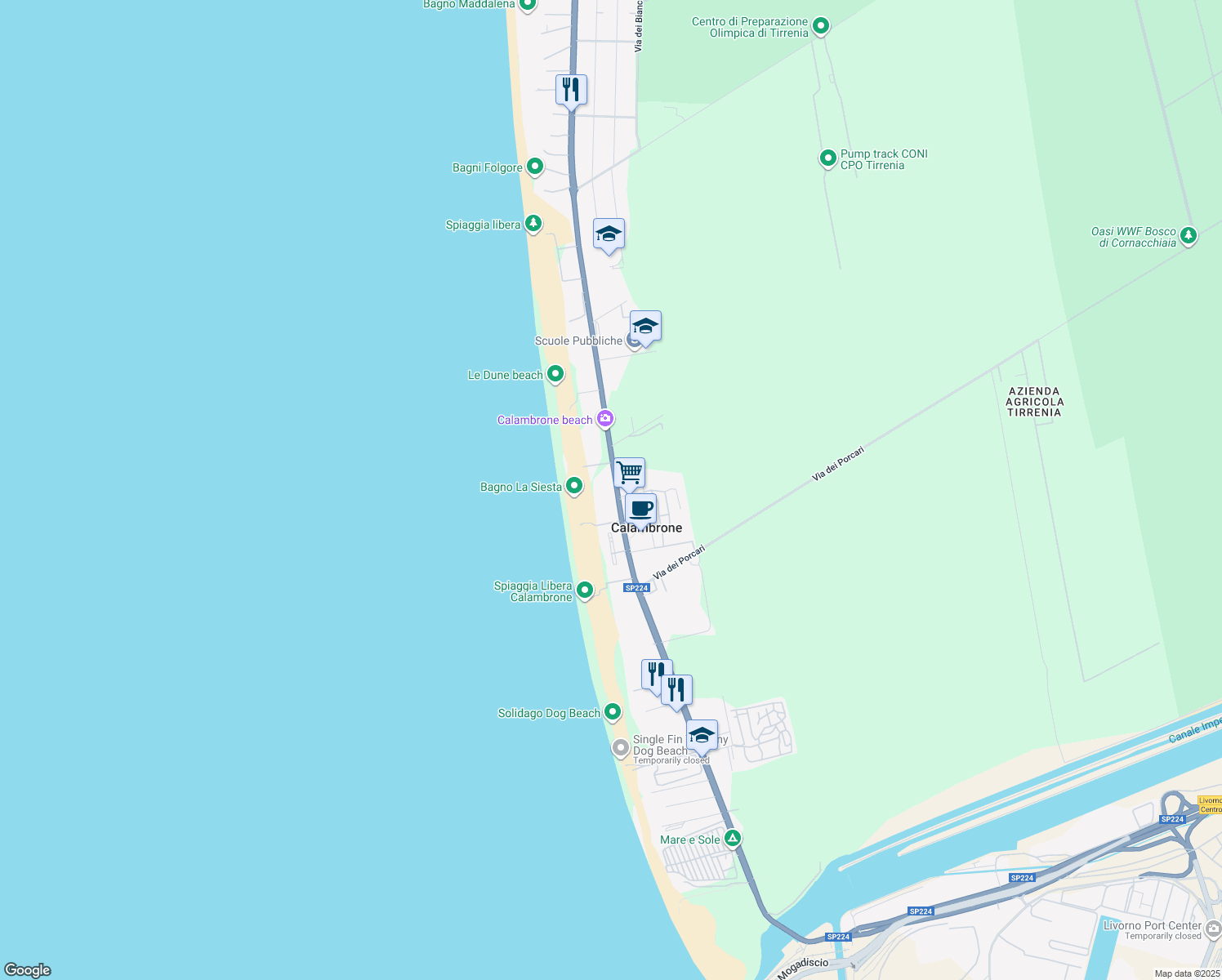 map of restaurants, bars, coffee shops, grocery stores, and more near 355 Viale del Tirreno in Marina di Pisa-tirrenia-calambr