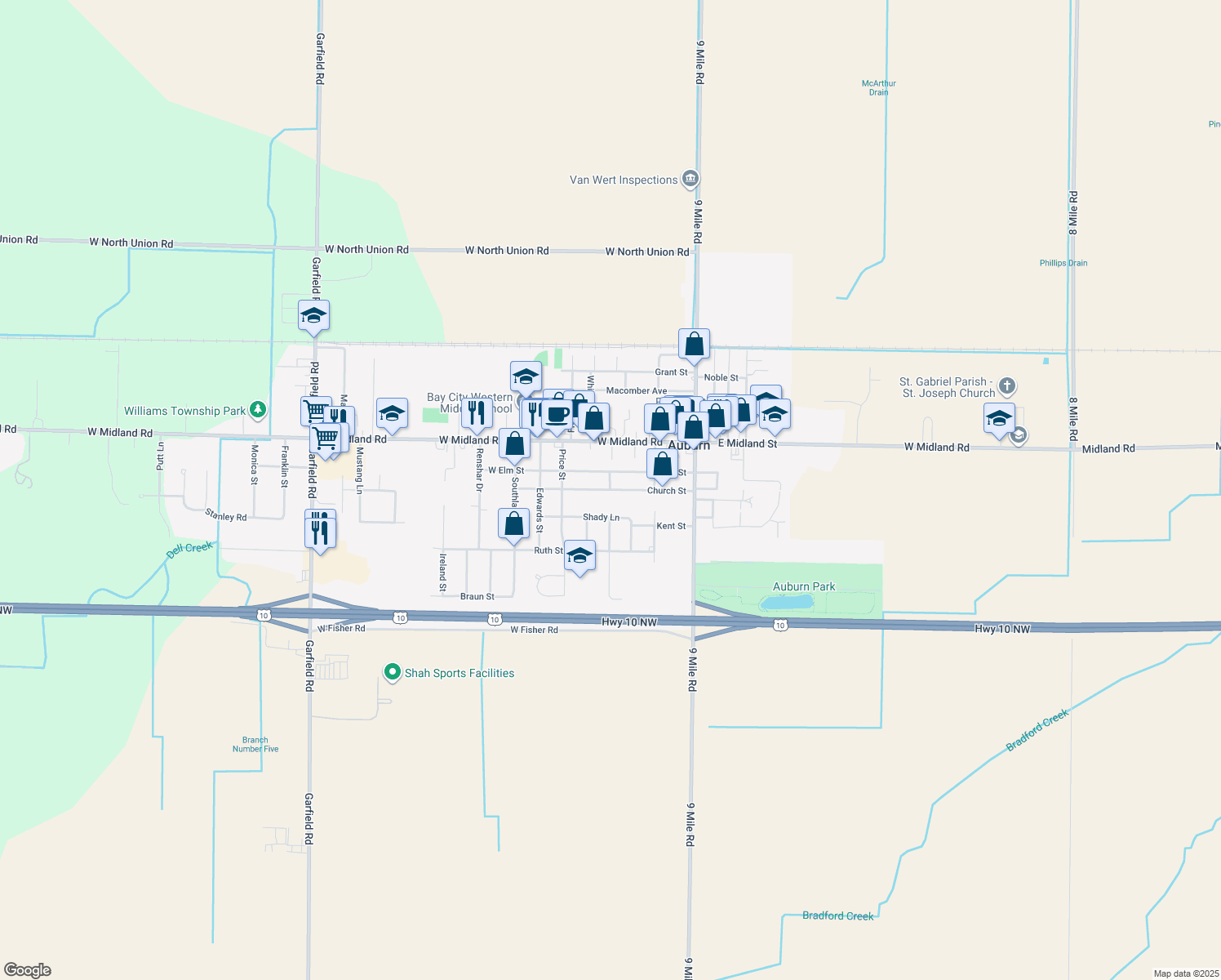 map of restaurants, bars, coffee shops, grocery stores, and more near 298 Church St in Auburn