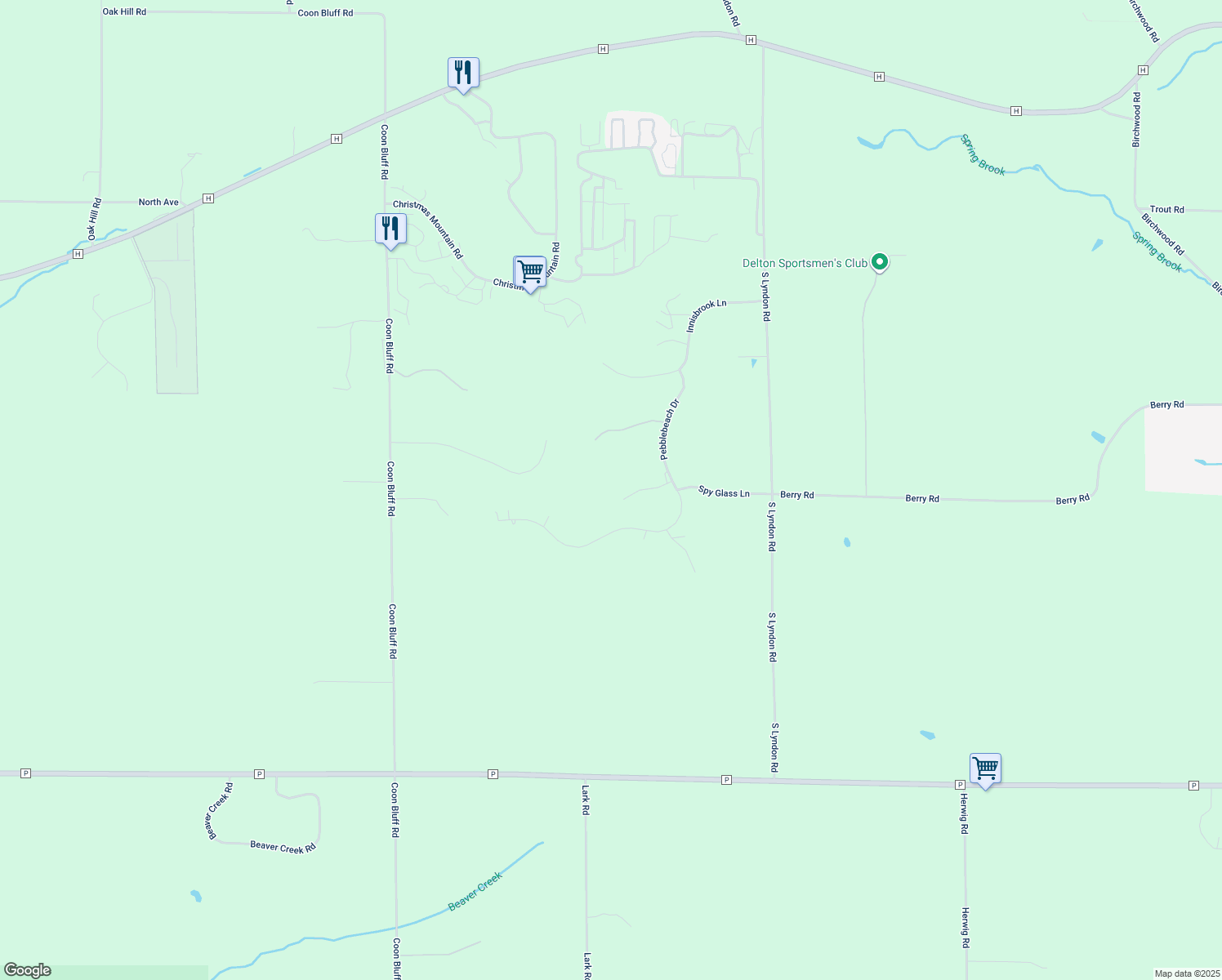 map of restaurants, bars, coffee shops, grocery stores, and more near E9334 East Bay Lane in Wisconsin Dells
