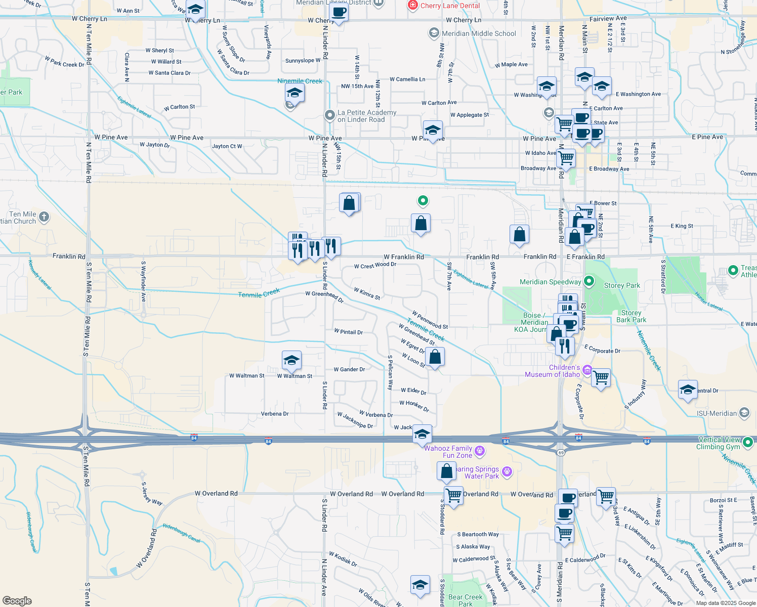 map of restaurants, bars, coffee shops, grocery stores, and more near 1229 West Kimra Street in Meridian