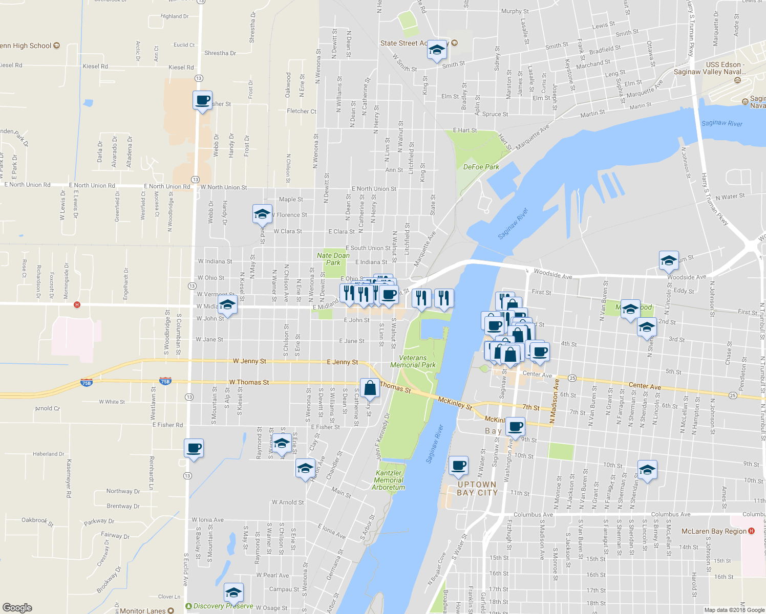 map of restaurants, bars, coffee shops, grocery stores, and more near 106 North Linn Street in Bay City