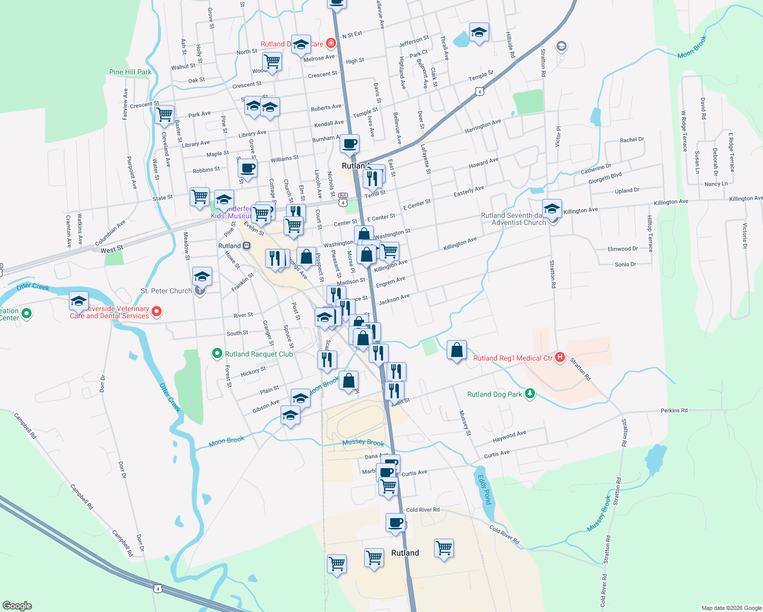 map of restaurants, bars, coffee shops, grocery stores, and more near 4 Jackson Avenue in Rutland