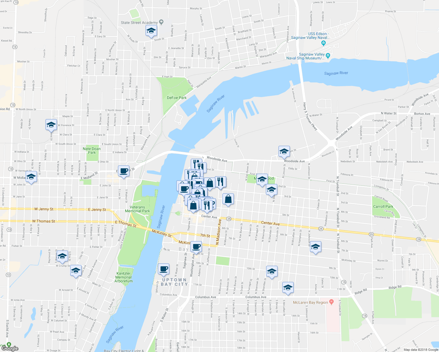 map of restaurants, bars, coffee shops, grocery stores, and more near 1201 North Madison Avenue in Bay City