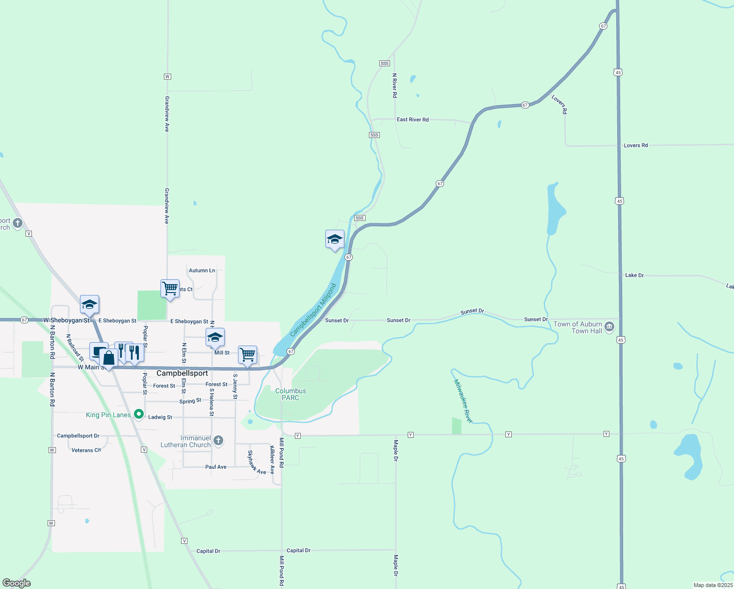 map of restaurants, bars, coffee shops, grocery stores, and more near N1755 Sunset Lane in Campbellsport