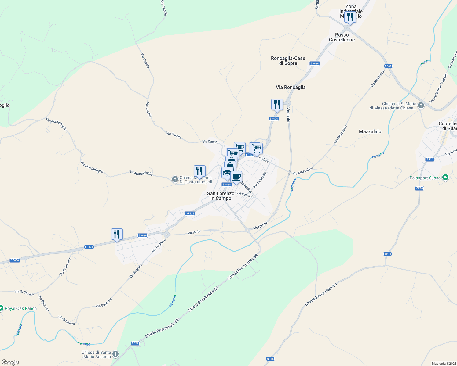 map of restaurants, bars, coffee shops, grocery stores, and more near 63 Via Regina Margherita in San Lorenzo In Campo