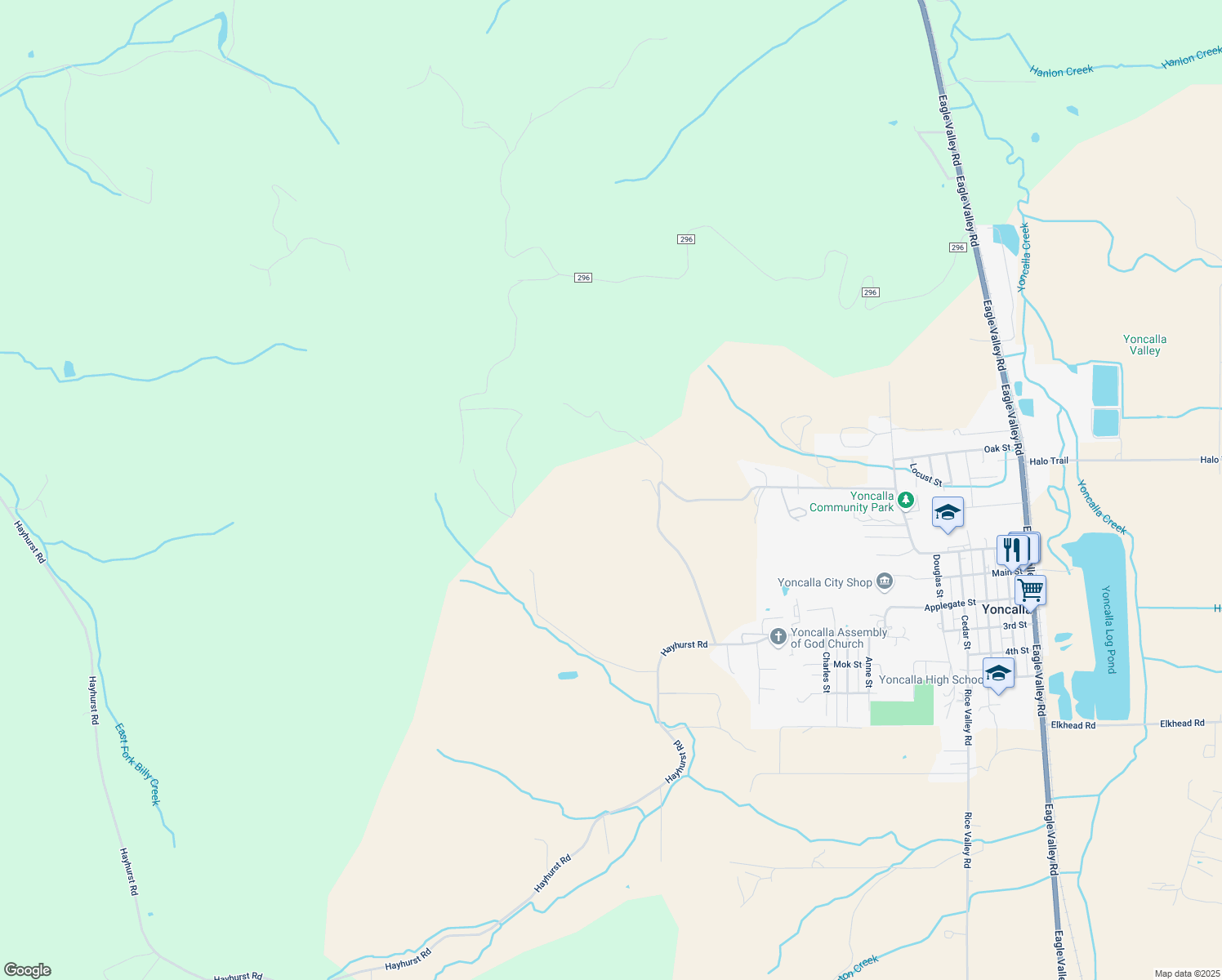 map of restaurants, bars, coffee shops, grocery stores, and more near 1209 Hayhurst Road in Yoncalla
