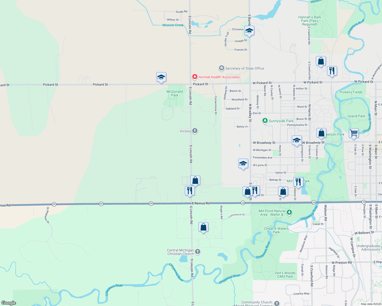 map of restaurants, bars, coffee shops, grocery stores, and more near 2580 S Lincoln Rd in Mt Pleasant