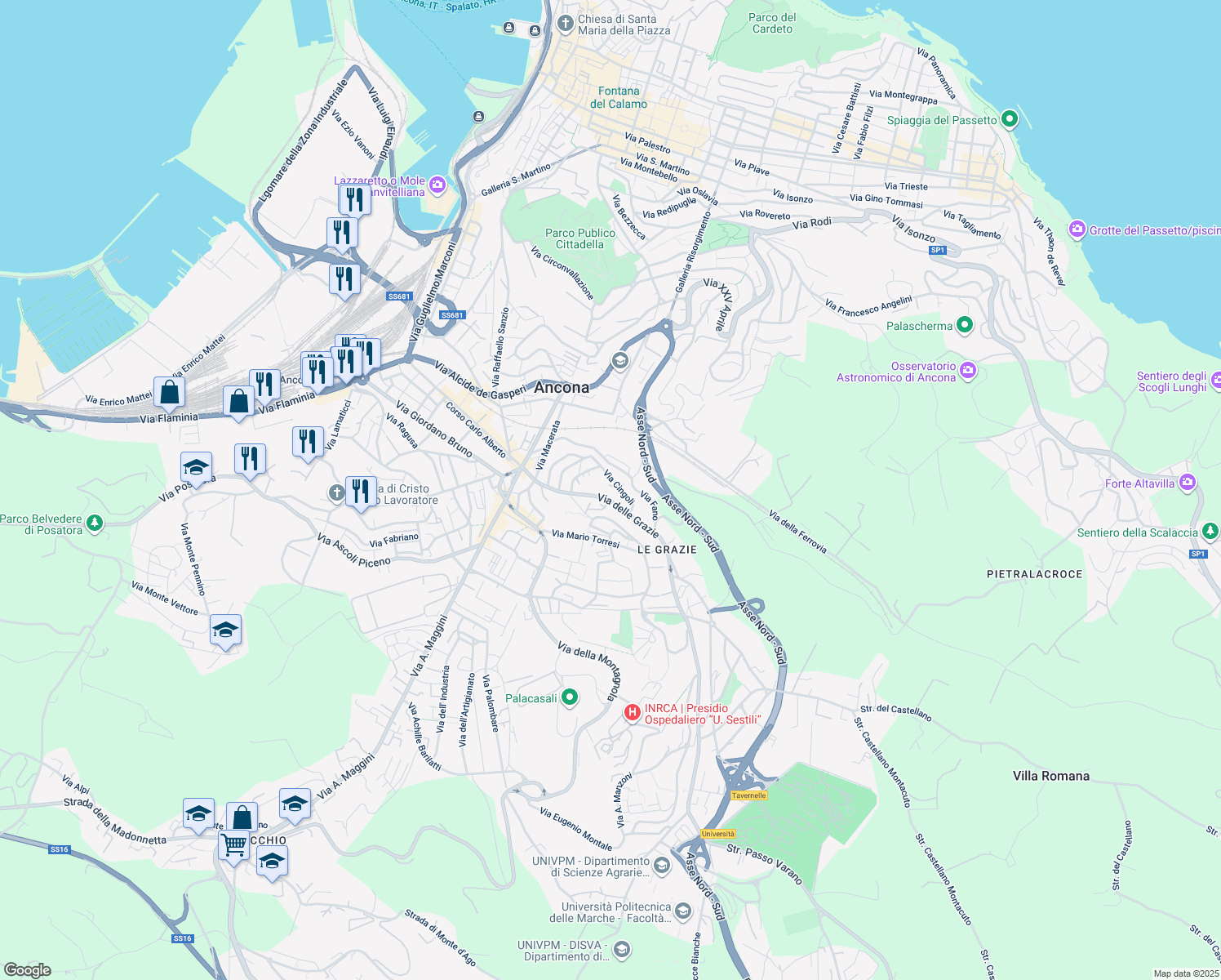 map of restaurants, bars, coffee shops, grocery stores, and more near 31 Via delle Grazie in Ancona