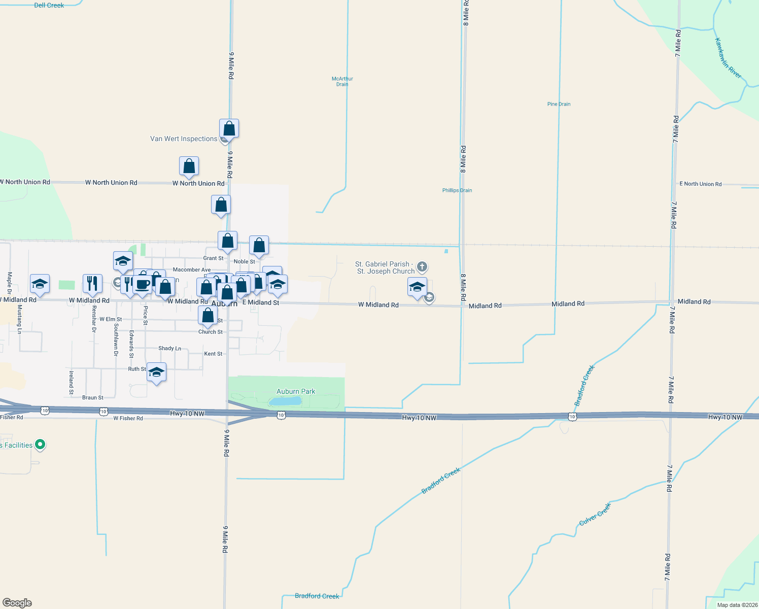 map of restaurants, bars, coffee shops, grocery stores, and more near 268 West Midland Road in Auburn