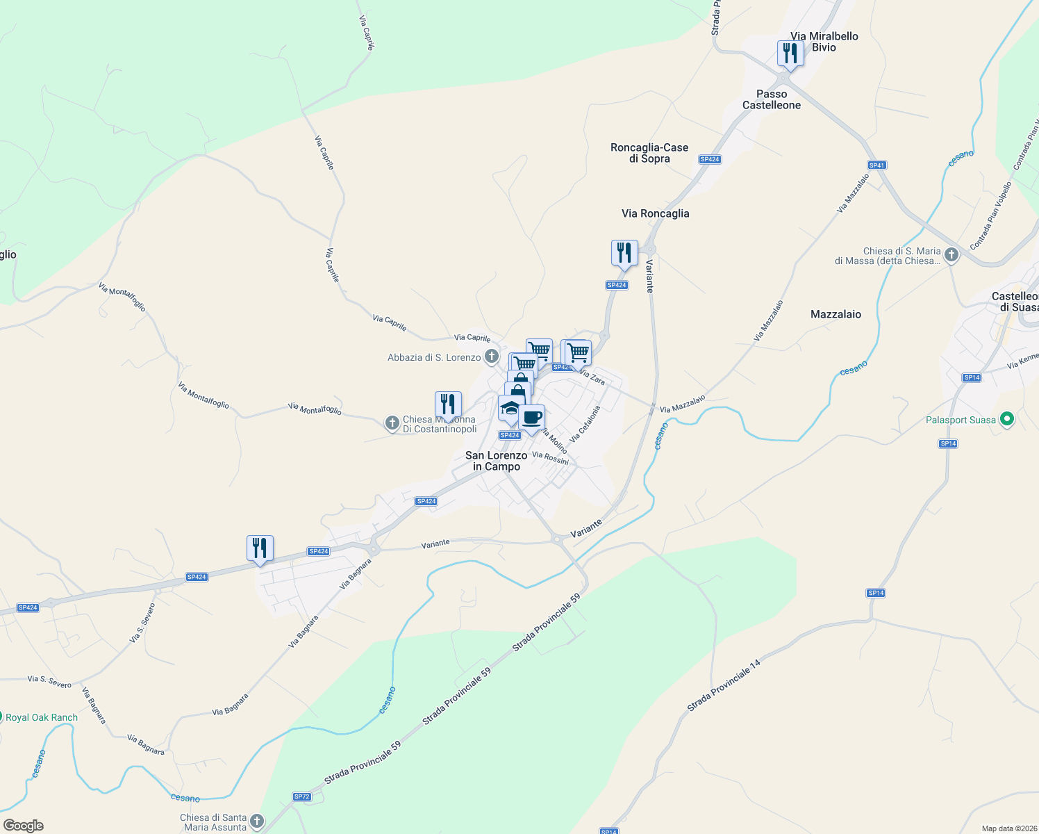 map of restaurants, bars, coffee shops, grocery stores, and more near 63 Via Regina Margherita in San Lorenzo In Campo