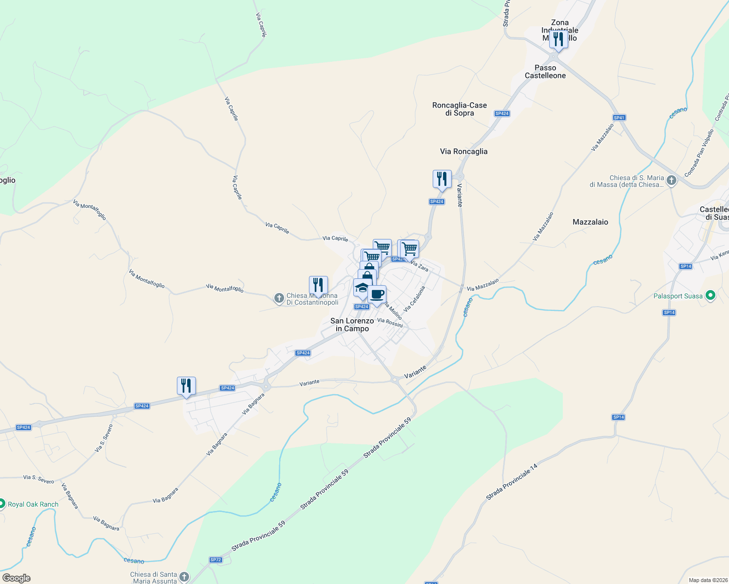 map of restaurants, bars, coffee shops, grocery stores, and more near 63 Via Regina Margherita in San Lorenzo In Campo