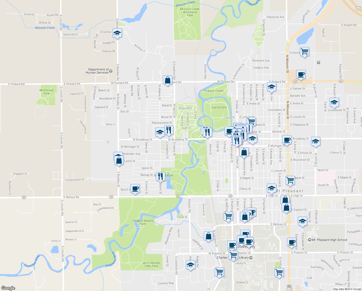 map of restaurants, bars, coffee shops, grocery stores, and more near 902 West Michigan Street in Mount Pleasant