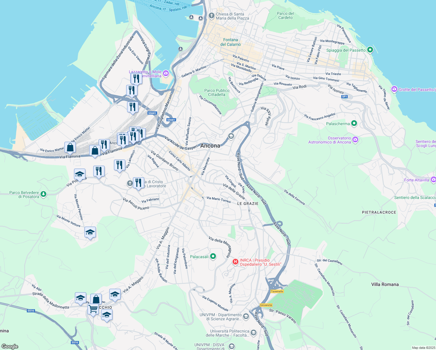 map of restaurants, bars, coffee shops, grocery stores, and more near 31 Via delle Grazie in Ancona