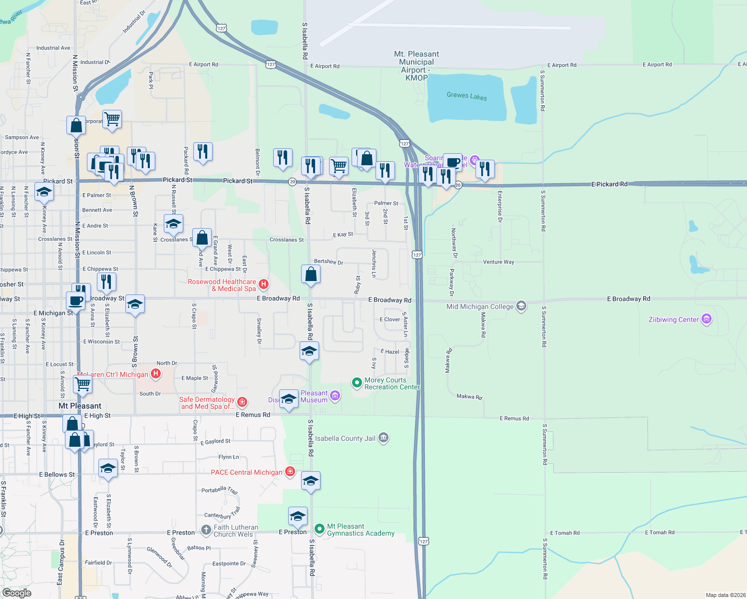 map of restaurants, bars, coffee shops, grocery stores, and more near 5311 E Broadway Rd in Mt Pleasant