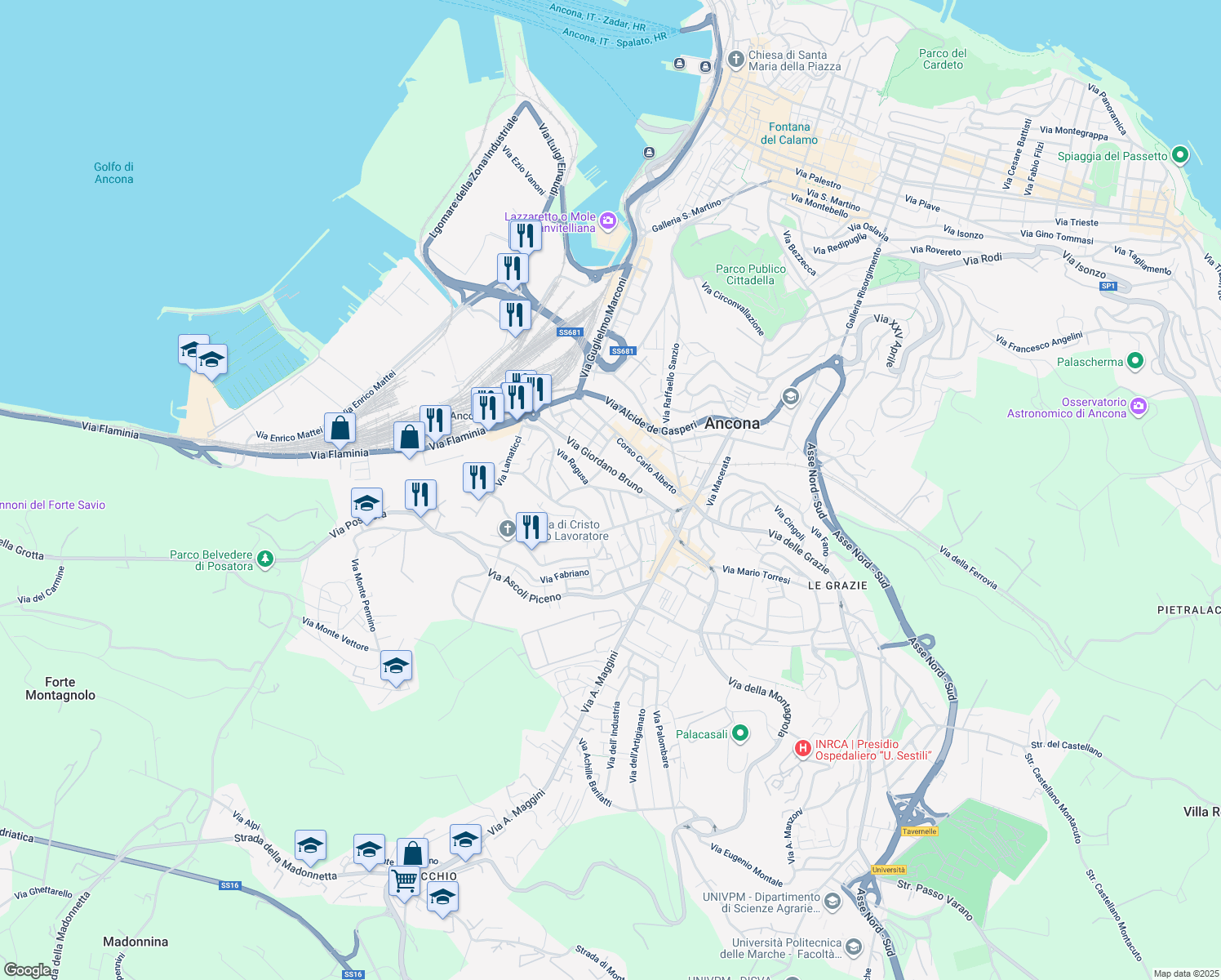 map of restaurants, bars, coffee shops, grocery stores, and more near 67 Via Giordano Bruno in Ancona