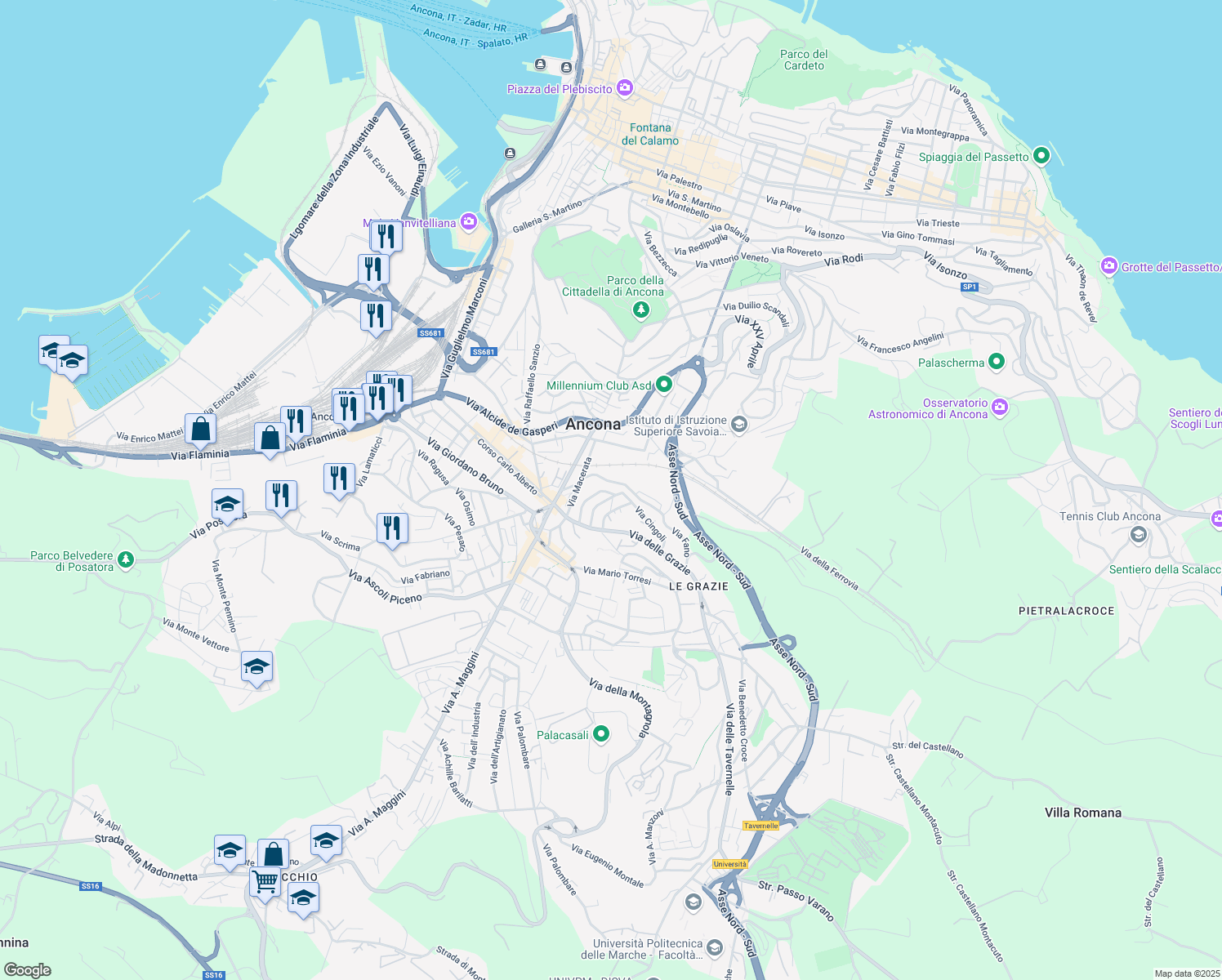 map of restaurants, bars, coffee shops, grocery stores, and more near 10 Via Fano in Ancona