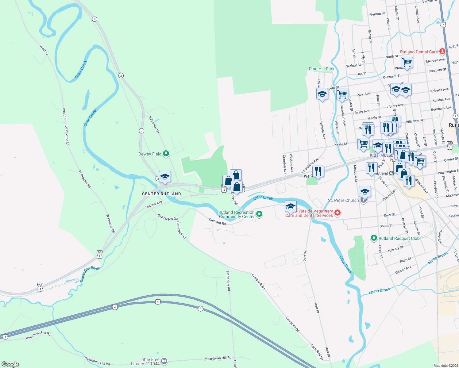 map of restaurants, bars, coffee shops, grocery stores, and more near 463 West Street in Rutland
