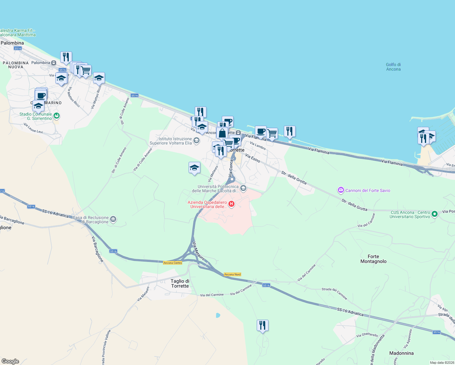 map of restaurants, bars, coffee shops, grocery stores, and more near 49 Via Conca in Torrette