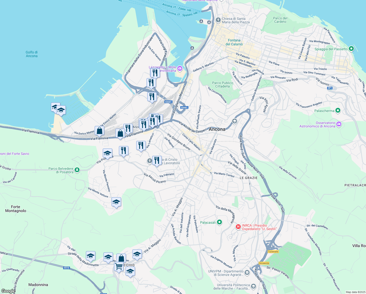 map of restaurants, bars, coffee shops, grocery stores, and more near 67 Via Giordano Bruno in Ancona