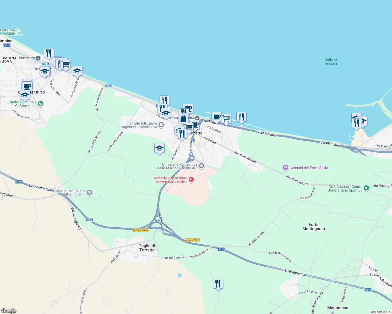 map of restaurants, bars, coffee shops, grocery stores, and more near 49 Via Conca in Torrette
