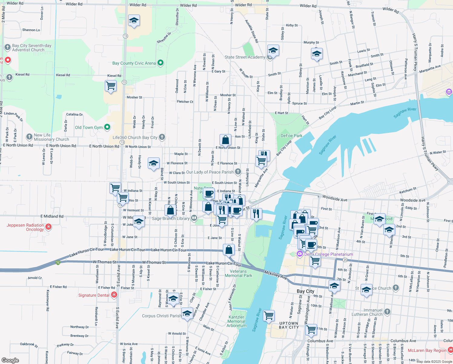 map of restaurants, bars, coffee shops, grocery stores, and more near 510 North Henry Street in Bay City