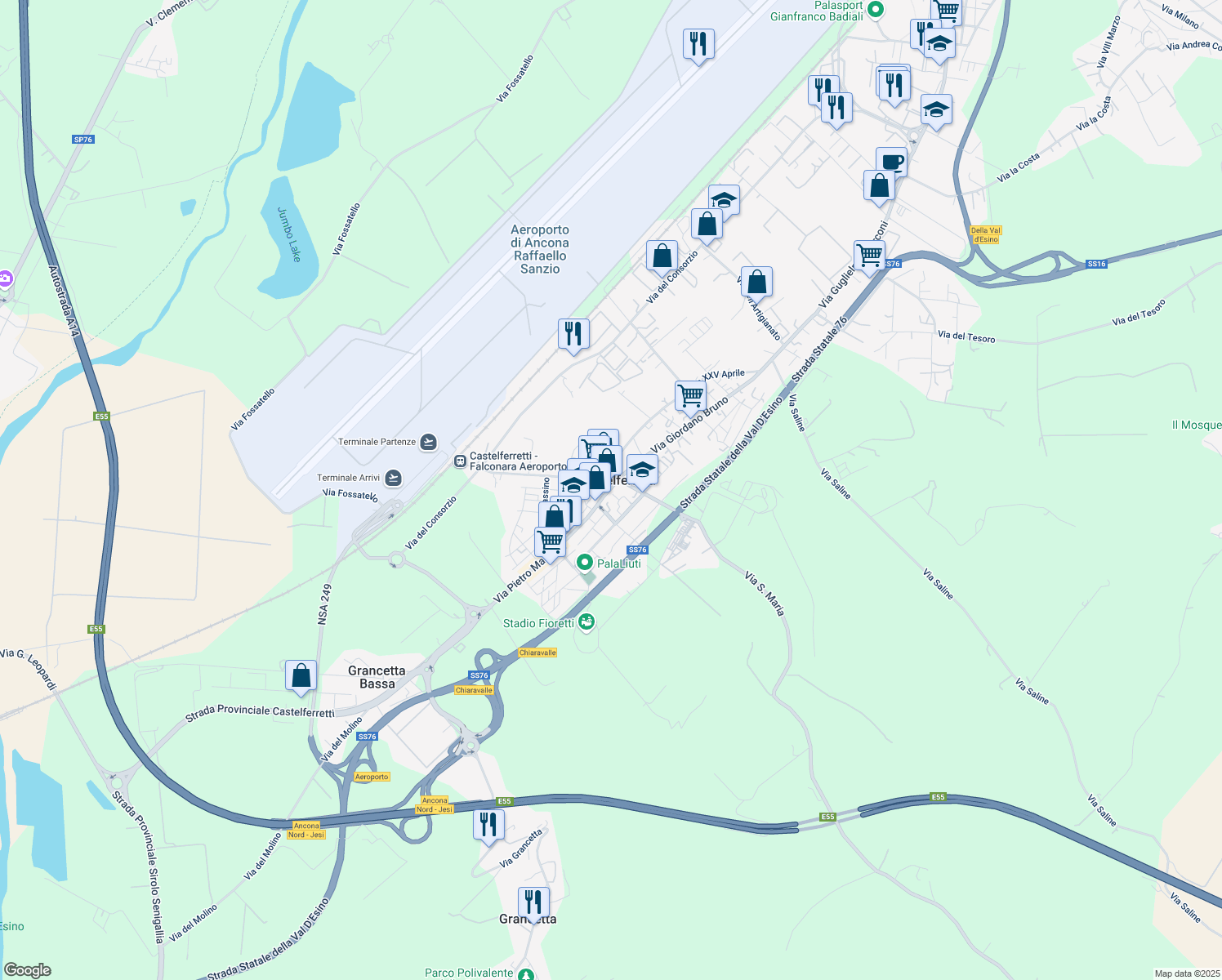 map of restaurants, bars, coffee shops, grocery stores, and more near 12 Via Leonida Bissolati in Castelferretti